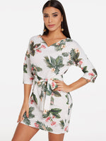 Wholesale White 3/4 Length Sleeve Floral Print Self-Tie Mini Dress