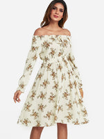 Wholesale White Off The Shoulder Long Sleeve Floral Print Dress