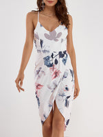 Wholesale White V-Neck Sleeveless Floral Print Crossed Front Zip Back Slit Curved Hem Dresses