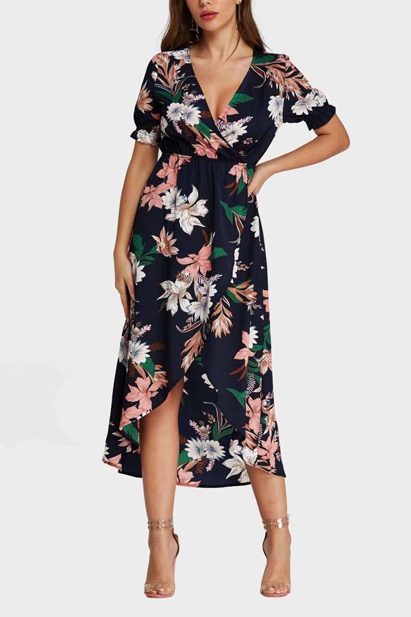 Wholesale Navy V-Neck Short Sleeve Floral Print Wrap Curved Hem Dresses