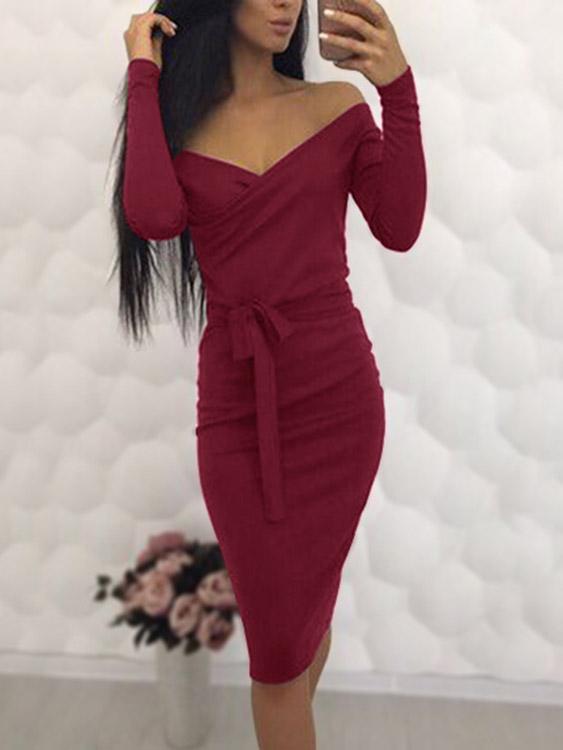 Wholesale V-Neck Off The Shoulder Long Sleeve Plain Crossed Front Dresses