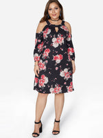 Wholesale Cold Shoulder Floral Print Hollow Long Sleeve Black Plus Size Midi Dress
