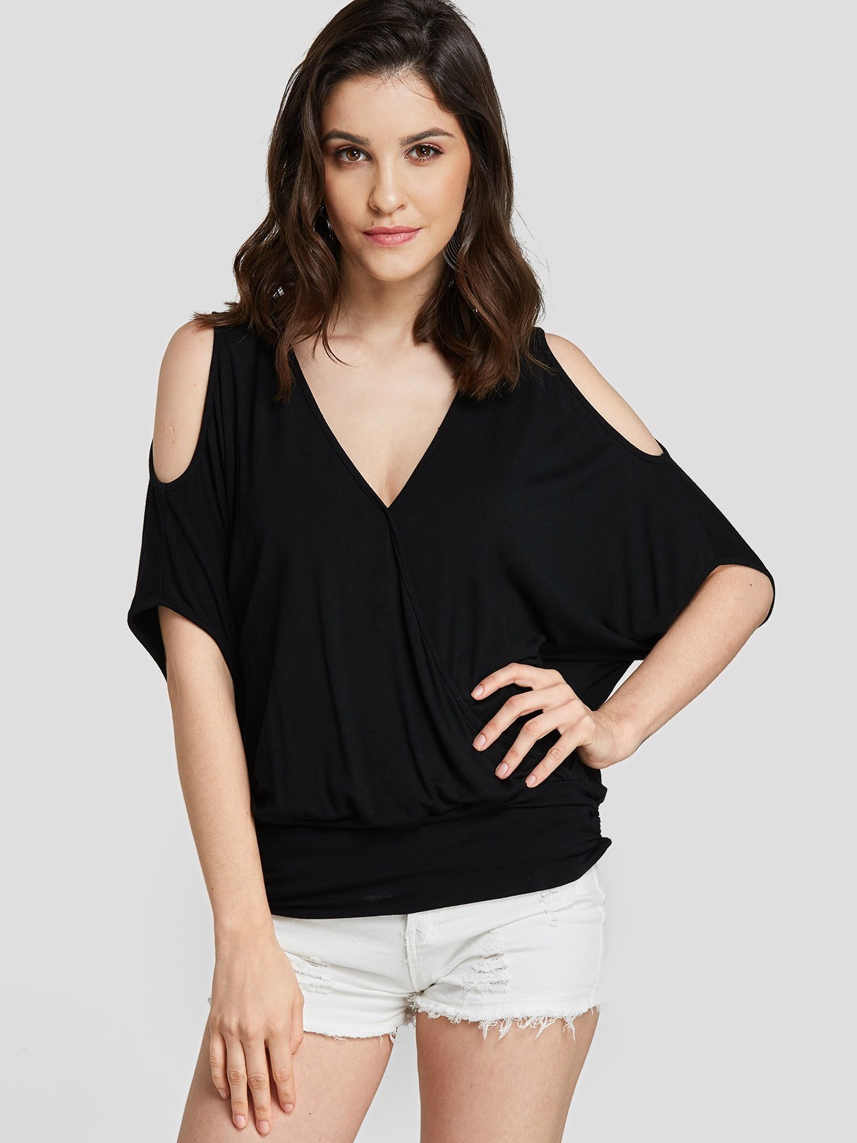 Wholesale Cold Shoulder Deep V Neck Plain Half Sleeve Black T-Shirts