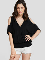 Wholesale Cold Shoulder Deep V Neck Plain Half Sleeve Black T-Shirts