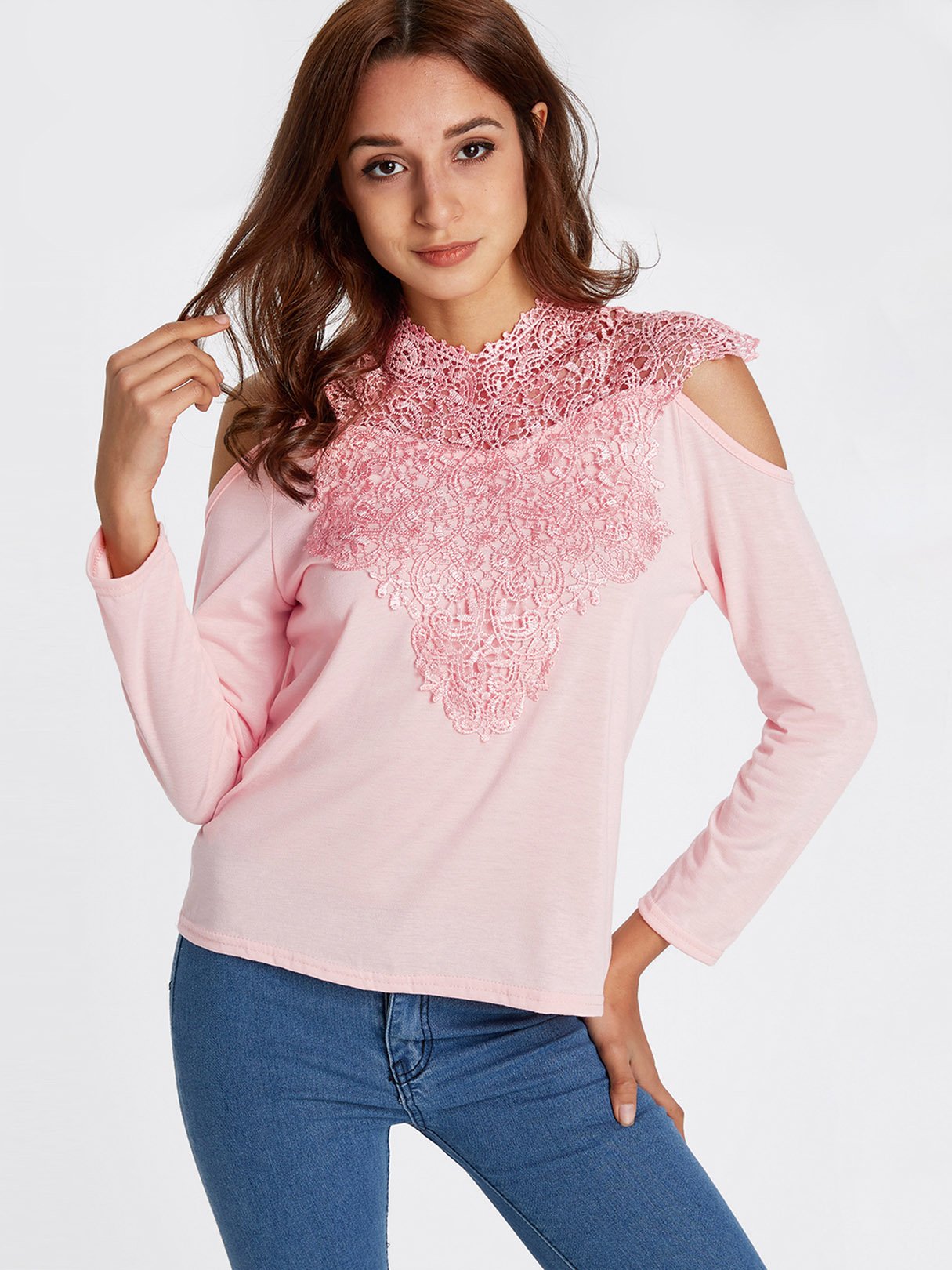 Wholesale Crew Neck Cold Shoulder Plain Lace Long Sleeve T-Shirts