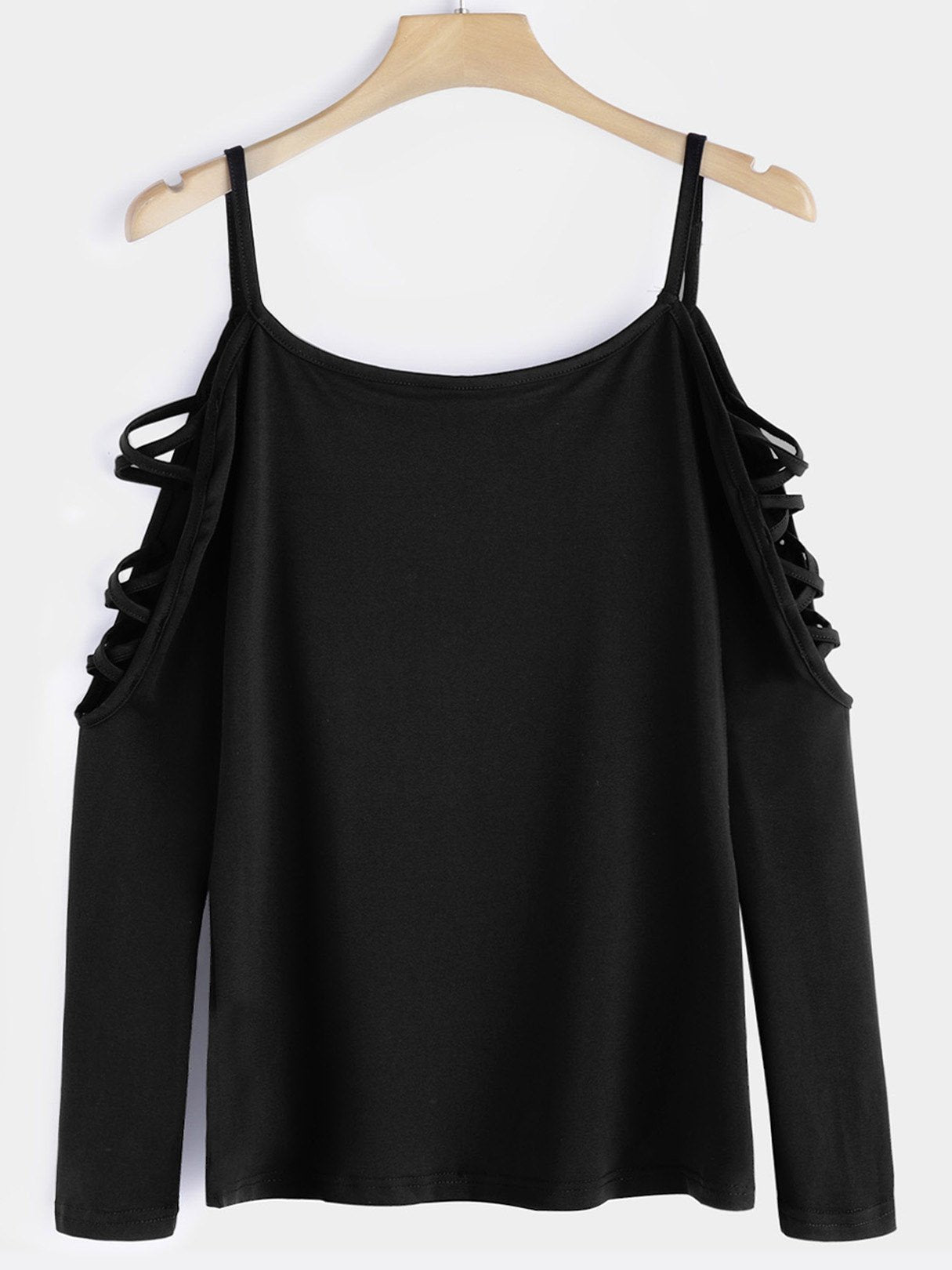 Wholesale Round Neck Lace-Up Cut Out Long Sleeve Black T-Shirts