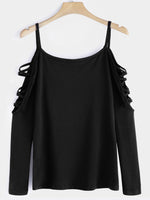 Wholesale Round Neck Lace-Up Cut Out Long Sleeve Black T-Shirts