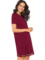 Wholesale Round Neck Short Sleeve Plain Side Pockets Pom Pom Hem Casual Dresses