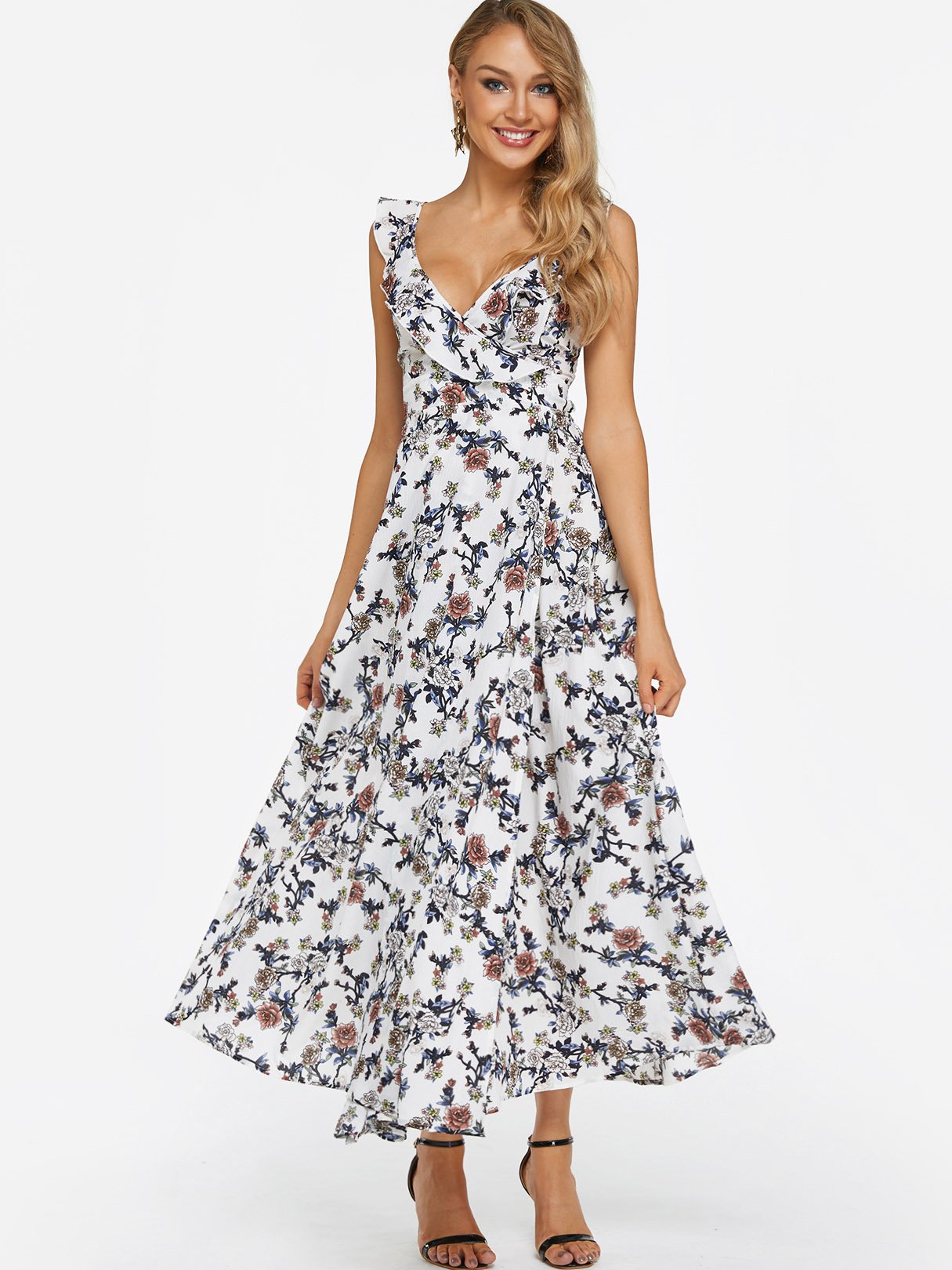 Wholesale White Deep V Neck Sleeveless Floral Print Backless Spaghetti Strap Maxi Dress