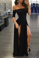 Wholesale Black Off The Shoulder Half Sleeve Plain Slit Hem Sexy Dress