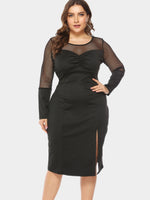 Wholesale Round Neck Plain See Through Long Sleeve Black Plus Size Dress