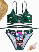 Wholesale V-Neck Floral Print Backless Lace-Up Sleeveless Bikinis