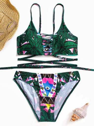 Wholesale V-Neck Floral Print Backless Lace-Up Sleeveless Bikinis
