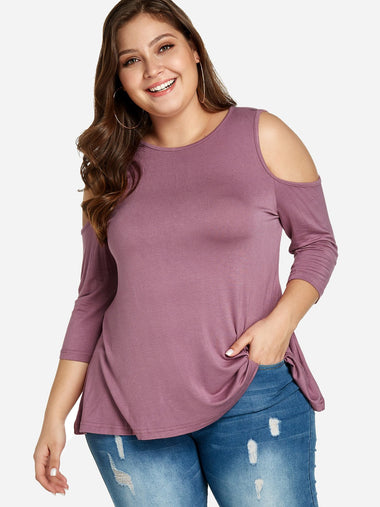 Wholesale Round Neck Cold Shoulder Plain Cut Out 3/4 Sleeve Pink Plus Size Tops