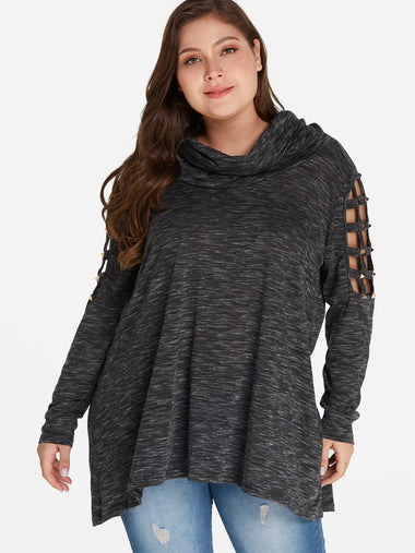 Wholesale Plain Cut Out Rivets Long Sleeve Grey Plus Size Tops