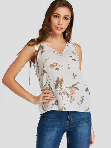 Wholesale V-Neck Floral Print Self-Tie Sleeveless White Camis