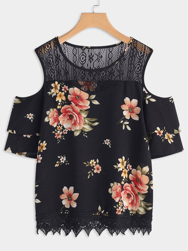 Wholesale Round Neck Floral Print Lace Cut Out Short Sleeve Plus Size Tops