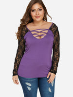 Wholesale Scoop Neck Lace Hollow See Through Criss-Cross Long Sleeve Bodycon Purple Plus Size Tops