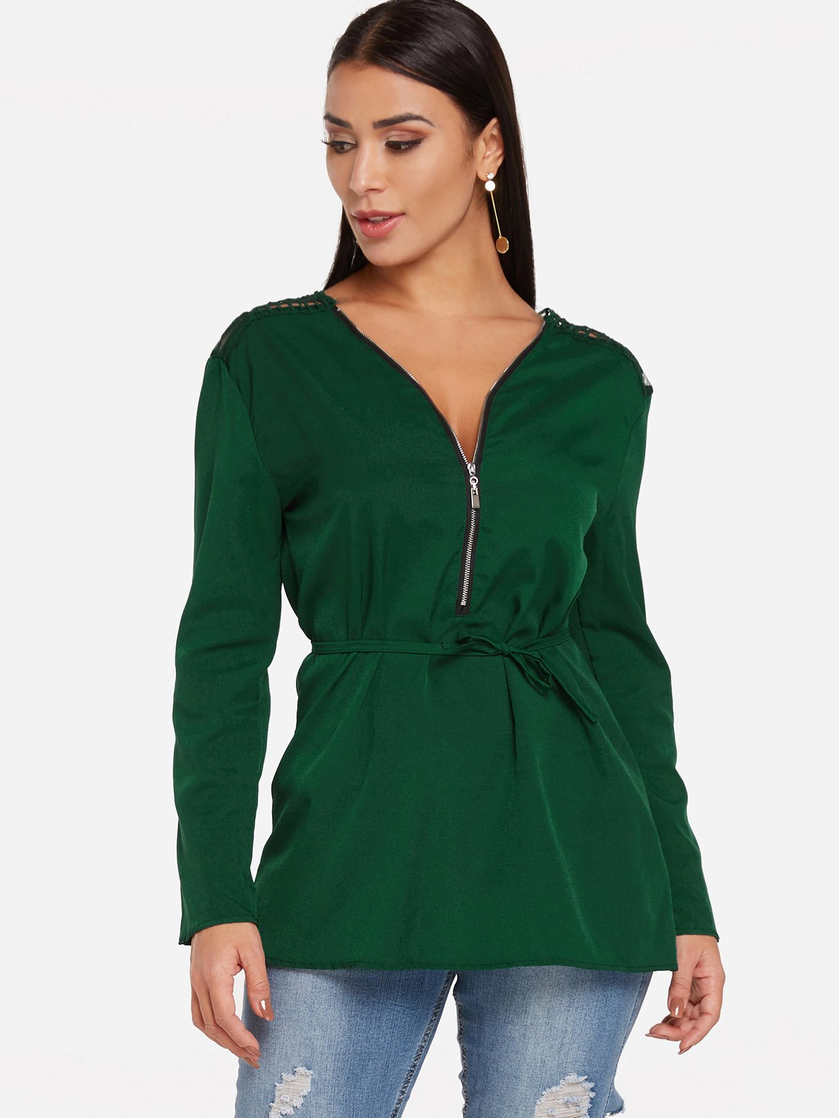 Wholesale V-Neck Plain Lace Zip Back Long Sleeve Green Blouses