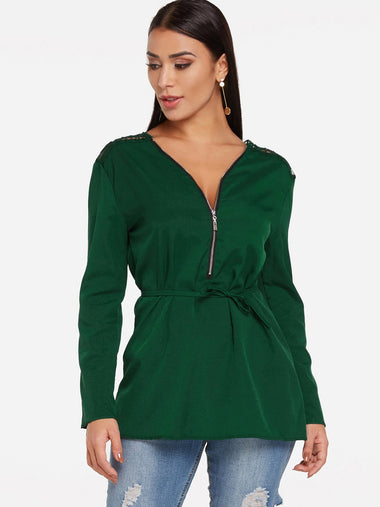 Wholesale V-Neck Plain Lace Zip Back Long Sleeve Green Blouses