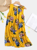 Wholesale Yellow Round Neck Sleeveless Floral Print Dresses