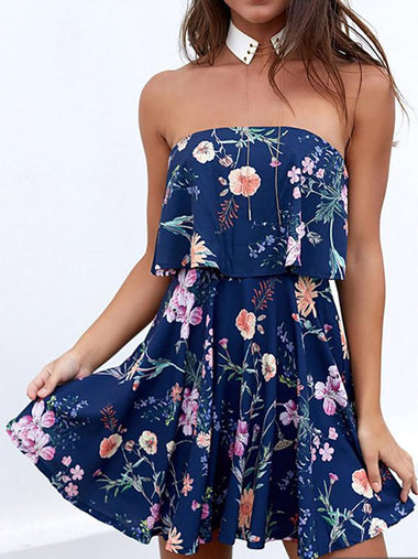 Wholesale Blue Strapless Off The Shoulder Sleeveless Floral Print Tiered Zip Back Backless Mini Dress