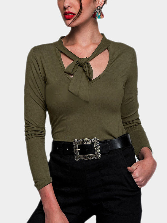 Wholesale V-Neck Long Sleeves Self-Tie Design T-Shirt