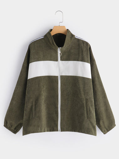 Wholesale Stripe Zip Back Long Sleeve Army Green Plus Size Coats & Jackets