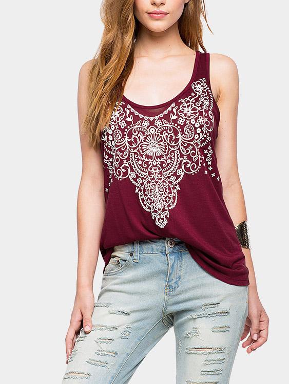 Wholesale Round Neck Geometrical Sleeveless Burgundy Tank Top