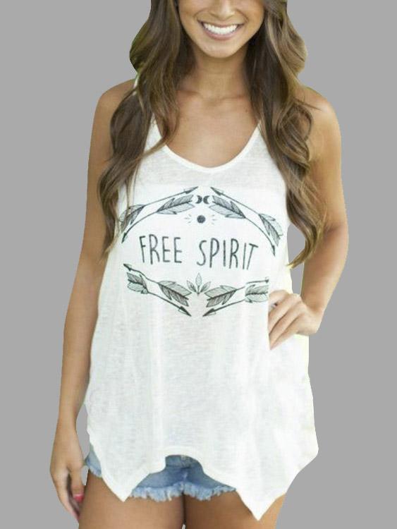Wholesale Scoop Neck Letter Sleeveless Irregular Hem White Tank Top