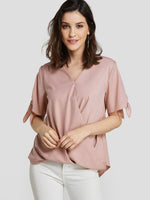 Wholesale V-Neck Plain Crossed Front Short Sleeve Ruffle Hem Pink Blouses