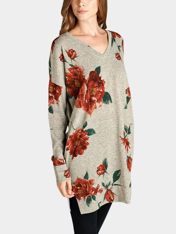 Wholesale V-Neck Floral Print Side Pockets Long Sleeve Slit Hem Khaki T-Shirts