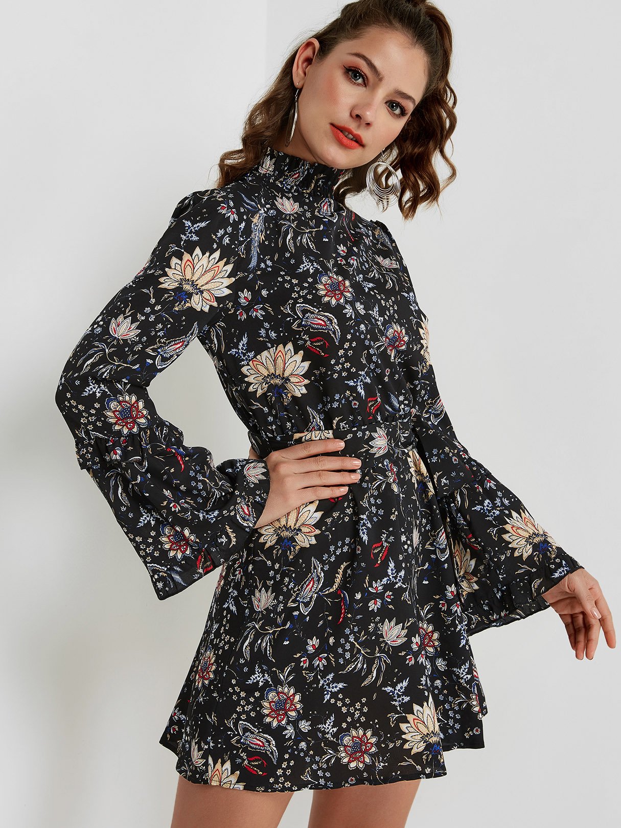 Wholesale Black Perkins Collar Long Sleeve Floral Print Tiered Lace-Up Mini Dresses