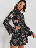 Wholesale Black Perkins Collar Long Sleeve Floral Print Tiered Lace-Up Mini Dresses