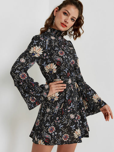 Wholesale Black Perkins Collar Long Sleeve Floral Print Tiered Lace-Up Mini Dresses
