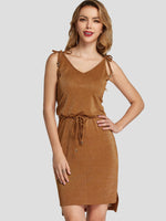 Wholesale Brown V-Neck Sleeveless Plain Backless High-Low Hem Casual Dress