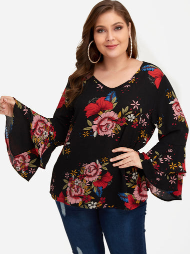 Wholesale V-Neck Floral Print Long Sleeve Black Plus Size Tops