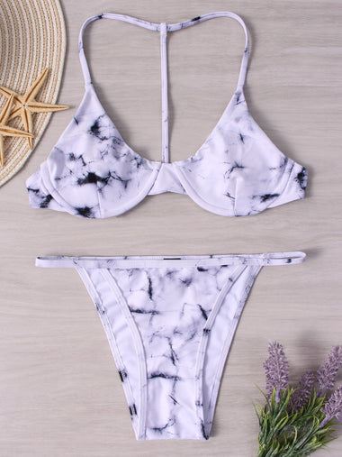 Wholesale White Deep V Neck Sleeveless Printed Spaghetti Strap Two Piece Bikinis