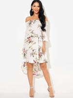 Wholesale White Off The Shoulder 3/4 Sleeve Floral Print Hollow Self-Tie High-Low Hem Dresses