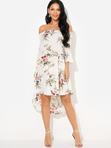 Wholesale White Off The Shoulder 3/4 Sleeve Floral Print Hollow Self-Tie High-Low Hem Dresses