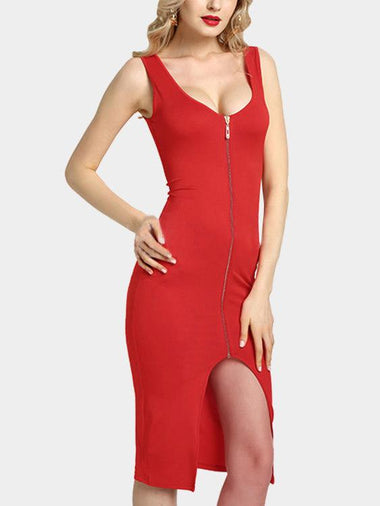 Wholesale Round Neck Zip Back Sleeveless Bodycon Hem Red Dresses