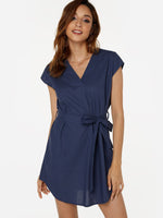 Wholesale Navy V-Neck Short Sleeve Belt Self-Tie Curved Hem Mini Dresses