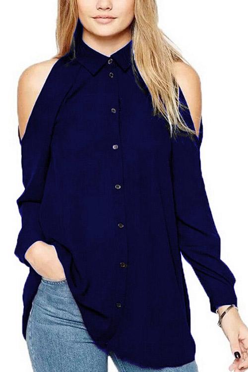 Wholesale Cold Shoulder Plain Long Sleeve Irregular Hem Navy Blouses