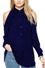 Wholesale Cold Shoulder Plain Long Sleeve Irregular Hem Navy Blouses