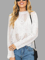 Wholesale Crew Neck Lace Hollow Long Sleeve White Blouses