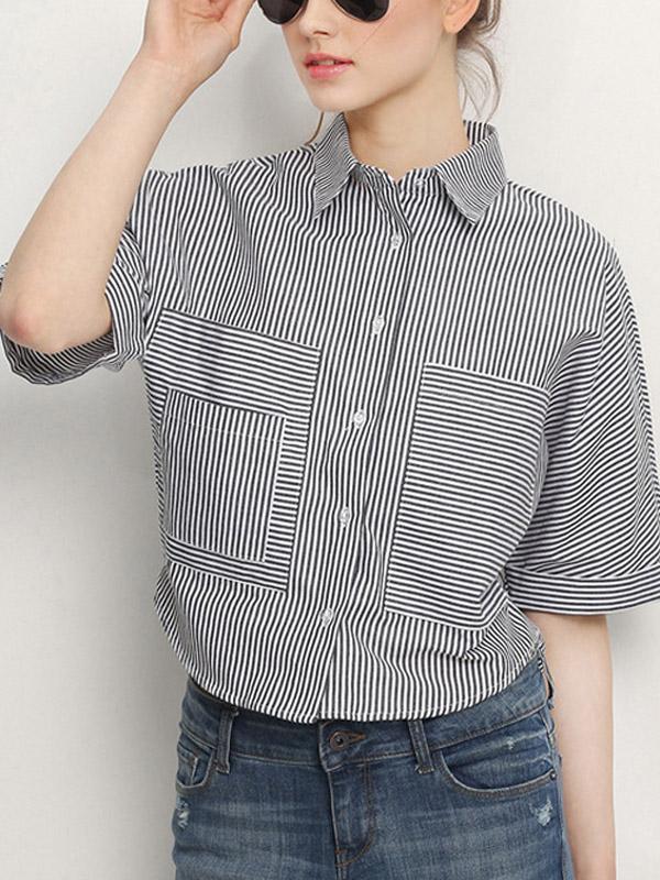Wholesale Stripe Pattern Short Sleeve Collar Shirt With Buttons