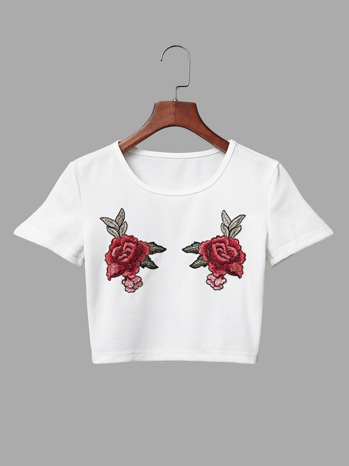 Wholesale Round Neck Embroidered Short Sleeve White Top