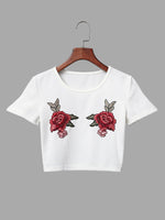 Wholesale Round Neck Embroidered Short Sleeve White Top