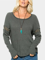 Wholesale Round Neck Lace Hollow Long Sleeve Grey Top