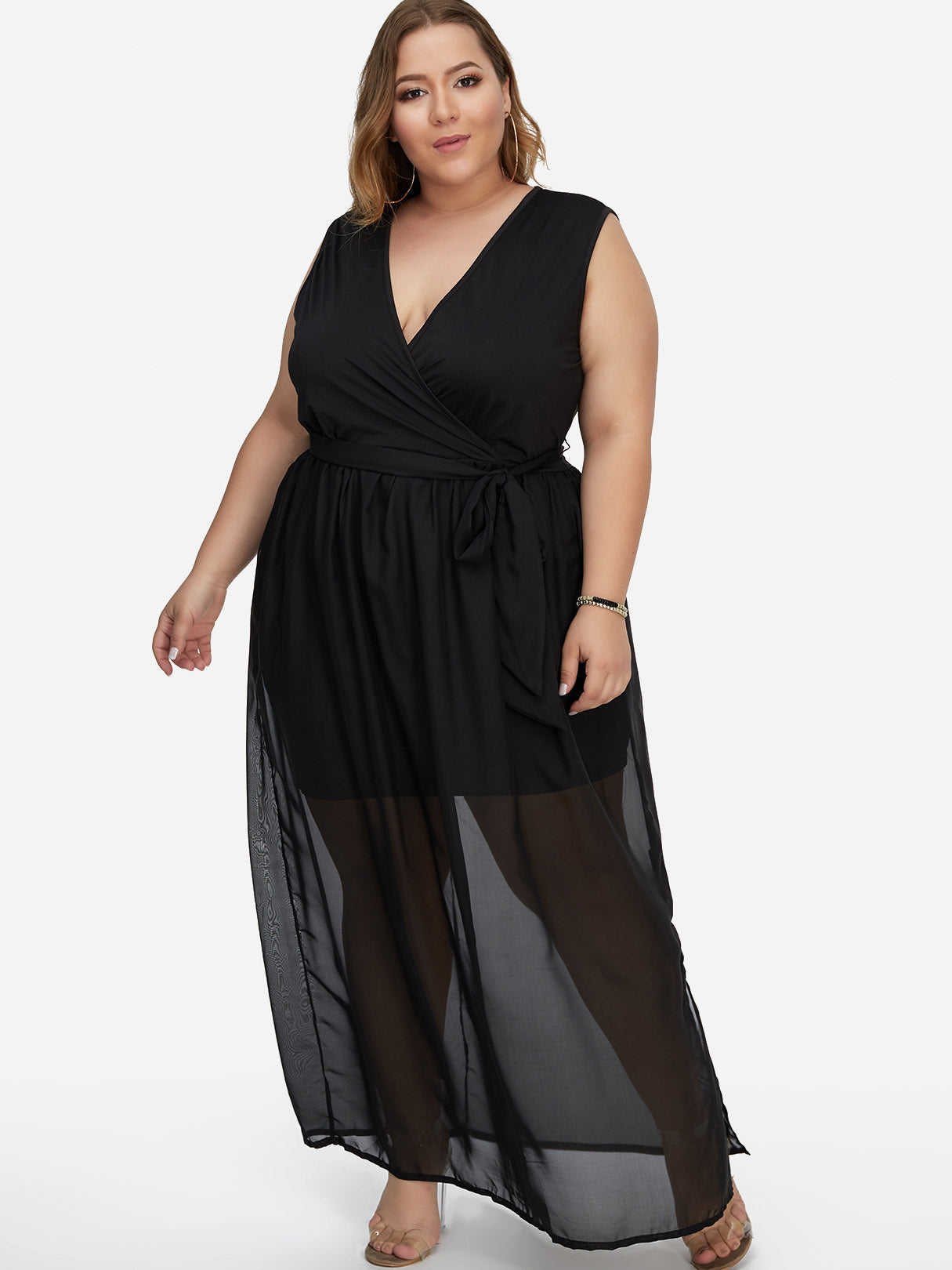 Wholesale V-Neck Plain Self-Tie Wrap Sleeveless Slit Hem Black Plus Size Maxi Dresses